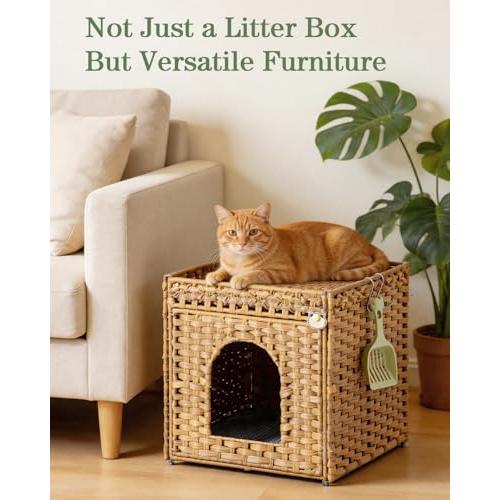 SETVSON Cat Litter Box Enclosure Furniture, Hidden PE Rattan, Natural | PE Rattan Kitty House with Top Fence, Fits Standard Litter Box, Included Litter Mat, 2 S-Hooks, Sturdy Metal Frame