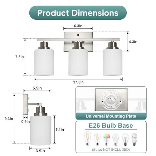Ascher Bathroom Light Fixtures, 3-Light Vanity Light Over Mirror, Brushed Nickel Wall Sconces with Milky White Frosted Glass Shades, Wall Lamp for Living Room Bedroom, E26 Base(Bulbs Not Included)