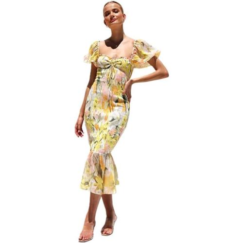 Size M Sunfere Womens Floral Dress Square Neck Summer Boho Sexy Split Dresses Fitted Sundress Puff Sleeve Mermaid Party Dress