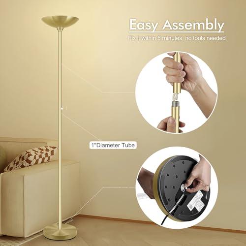 30W Torchiere Floor Lamp - 3600LM Super Bright LED Floor Lamp, 71 Inch Stepless Dimmable Standing Lamp with 3000K Lighting, Rotary Switch, Tall Metal Torch Floor lamps for Living Room/Bedroom (Gold)
