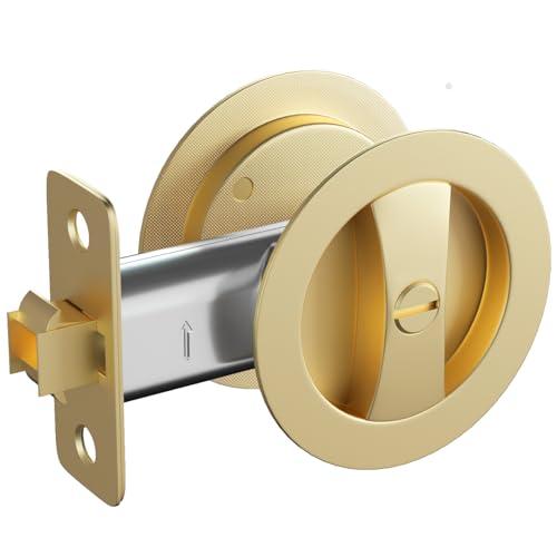 goldenwarm Brushed Nickel Round Pocket Door Lock, Pocket Door Hardware for 2-1/8'' Round Bore Hole, Pocket Door Handles Fit 1-1/4'' to 2'' Thickness Sliding Door 2-3/8'' Latch 1 Pack