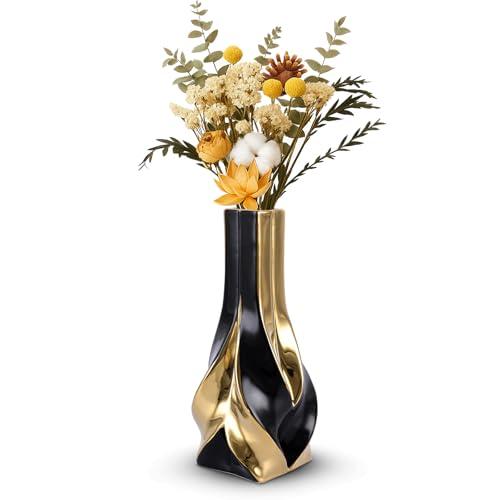 10.6 Black and Gold Ceramic Vase, Modern Geometric Flower Vase for Dining Table Centerpiece, Elegant Decorative Vase for Pampas Grass, Living Room, Bedroom, Office, Tabletop Decoration