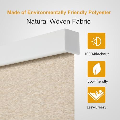 Persilux Free-Stop Cordless 100% Blackout Roller Window Shades for Home, Natural Woven Fabric UV Protection Privacy Roller Shades for Indoor Windows Blinds for Sliding Glass Doors, Khaki 24W x 72H