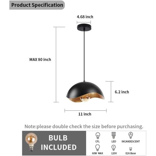 Black 11 Modern Wave Pendant Light, 11 Black and Gold Dome Shade, LED Ceiling Light Fixture with Globe Bulb, Contemporary Hanging Light for Kitchen, Dining Room, Bedroom