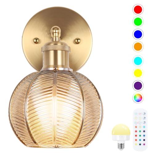 Battery Operated Wall Sconce, Vintage Wall Sconce with Amber Tulip Glass Lampshade Rechargeable, Battery Wall Light with Remote,Wireless Wall Sconces, for Bedroom,Living Room, Hallway
