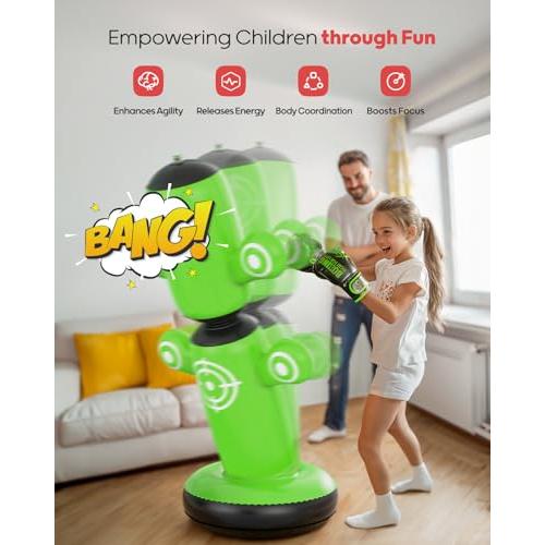 QPAU 360° Rotatable Punching Bag for Kids, Lager 64” Kids Punching Bag with Gloves, Hand Pump & 6 Targets, Bop Bag Inflatable Punching Toy, Karate Gifts for Boys, Girls