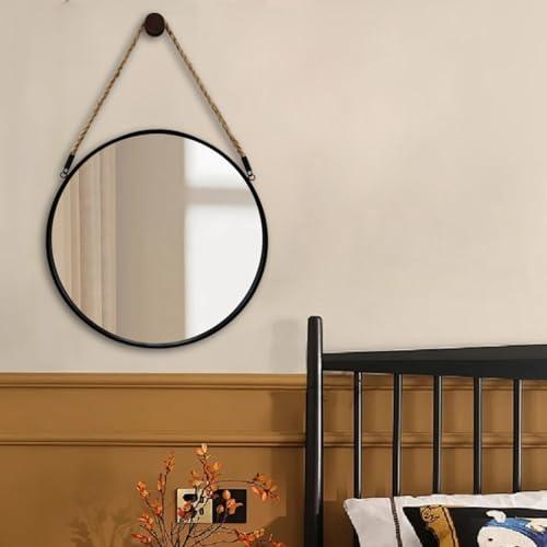 POZINO Round Mirror, 24 Inch Hanging Mirror with Rope, Circle Wall Mirrors, Black Frame Farmhouse Mirrors for Bathroom Bedroom Living Room Entryway Home Decor