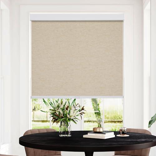 Persilux Free-Stop Cordless 100% Blackout Roller Window Shades for Home, Natural Woven Fabric UV Protection Privacy Roller Shades for Indoor Windows Blinds for Sliding Glass Doors, Khaki 24W x 72H