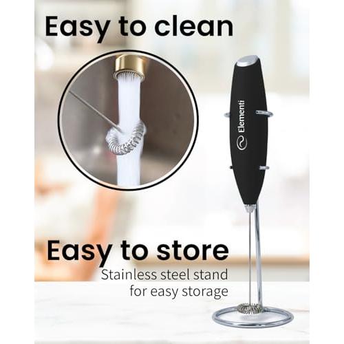 Milk Frother Wand & Electric Stirrer with Stand - Turbo Coffee & Milk Frother Handheld - Hand Held Coffee Mixer Wand & Cold Foam Maker for Frothy Cappuccinos, Lattes & Drink Mixes at Home (Black)