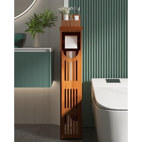 AmazerBath Bamboo Toilet Paper Holder with Storage, Bathroom Toilet Paper Storage Cabinet, Small Bathroom Storage Cabinet for Small Spaces, Slim Bathroom Storage Cabinet, 33x7.3x6.5 Inches, Brown