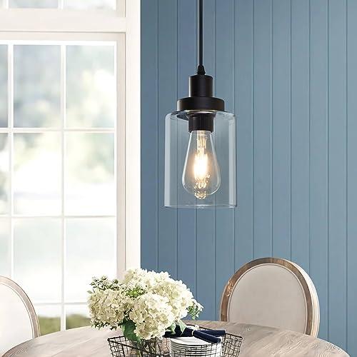 Industrial Pendant Lighting, Modern Clear Glass Shade Farmhouse Adjustable Hanging Light Fixtures for Kitchen Island Living Room Bedroom Hallway,