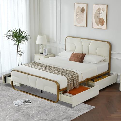 Queen Size Rounded Metal Upholstered Bed with , Velvet Platform Storage Bedframe with Headboard, Wooden Slats Support, No Box Spring Needed, Cream
