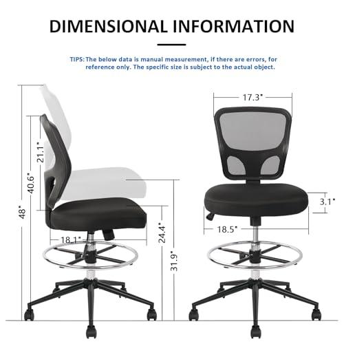 Armless Drafting Chair Tall Office Chair Adjustable Height High Back Ergonomic Desk Chair Drafting Stool Rolling Bar Stools Chairs with Footrest and Wheels
