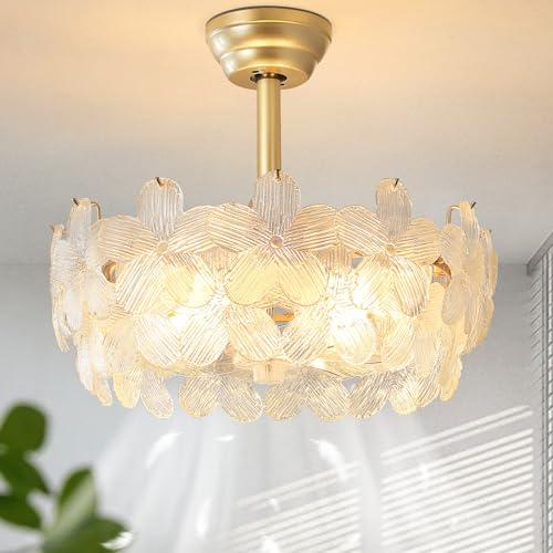 Size 20'' Fandelier Ceiling Fans with Lights, Gold Caged Ceiling Fan with Remote Low Profile, 6 Speed and Petal, Modern Semi Flush Mount Ceiling Fan for Bedroom, Living Room, Nursery