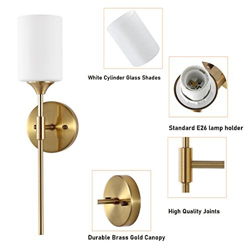 Gold Wall Sconce Set of 2 with White Cylinder Glass Shades Modern Mid Century Bathroom Vanity Wall Light Fixtures Industrial Brushed Brass Wall Lamp for Bedroom Mirror Living Room Restaurant