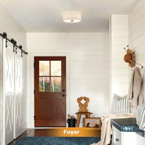 Flush Mount Ceiling Light Fixture, 13 Close to Ceiling Light with Beige Fabric Linen Drum Shade, 2-Light Modern Round Ceiling Light for Bedroom Hallway Dining Kitchen