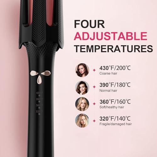 Auto Rotating Hair Curler - 4 Temperature and Timer Settings, Automatic Curling Iron with Automatic Shut-Off, Anti-Tangle and Scalding, Curling Wand for Long Lasting Curls (Black)