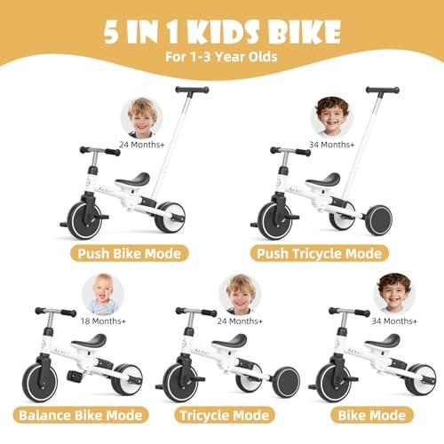 XJD Toddler Tricycle for 1-3 Year Olds, 5-in-1 Toddler Balance Bike, Adjustable Push Handle, Adjustable Seat & Removable Pedal, Birthday Gift Toy for Boys and Girls(White)