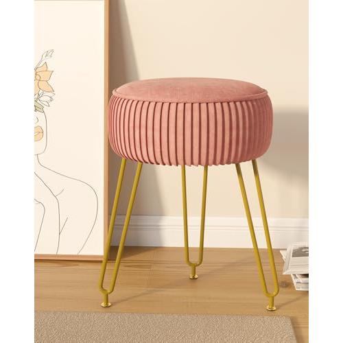 IBUYKE Velvet Round Footrest Ottoman, Makeup Vanity Stool Side Table, Velvet Dressing Table Seat, Pouf Couch Stool, Golden Steel Legs, Pink LG-30P