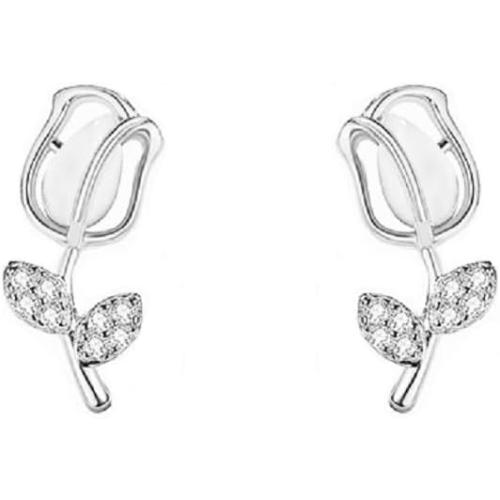 Sterling Silver White Chalcedony Tulip Flower Stud Earrings