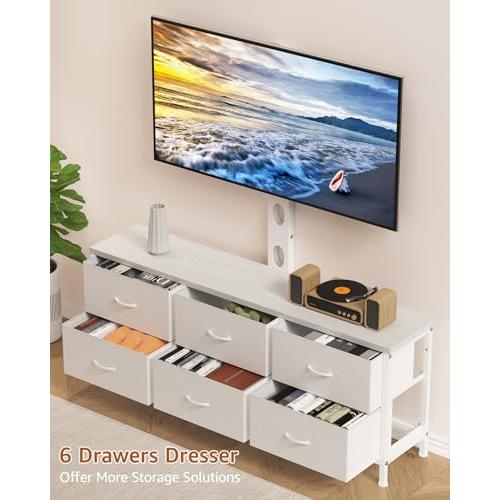TV Stand with Mount, Fabric Dresser with 6 Drawers for 32/45/55/60/65/75 inch TVs, White Dresser Entertainment Center, Modern Media TV Console Table