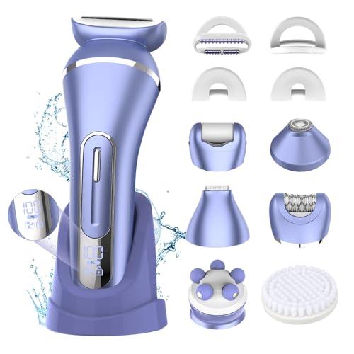 Electric Shavers for Women, 7 in 1 Hair Removal Kit with Epilator Bikini Trimmer Face Razor Body Brush Face Massager Foot Callus Remover, IPX7 Waterproof Lady Razors Set for Legs Armpit Bikini Pubic