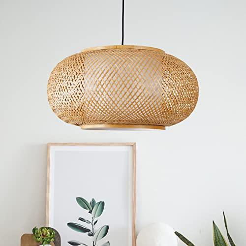 Bamboo Pendant Light Basket Weave Hanging Light, 1 Light Elegant Rattan Chandelier for Kitchen Island Nursery (23)