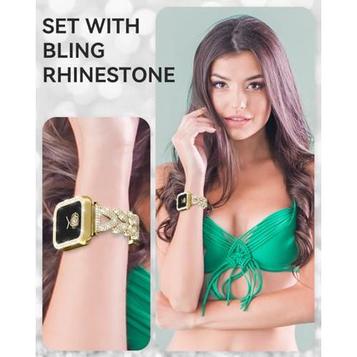 Rhinestones Encrusted Metal Bracelet and Case, Compatible with Apple Watch Bands 38mm-49mm (Series 11/10/1/SE/Ultra 2)- Bling Gold Women's Jewelry Strap, Luxury iWatch Bracelet