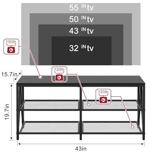 TV Stand for TVs up to 60 Inch, 43 Long Industrial TV Console Table with 3-Tier Storage Shelves, Entertainment Center for Living Room, Bedroom (Black)