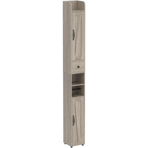 Bathroom Storage Cabinet with Adjustable Shelf, Tall Narrow Cabinet with Retractable Toilet Paper Rod and 8 Storage Compartments, Brown Gray