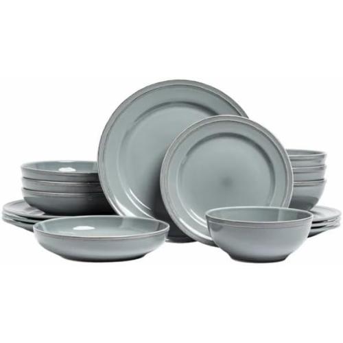 Over&back Lake Como 16 Piece Dinnerware Set Blue – Premium Stoneware Dishes – Service for 4 – Includes Dinner Plates, Salad Plates, Bowls – Reactive Glaze Finish – Microwave & Dishwasher Safe