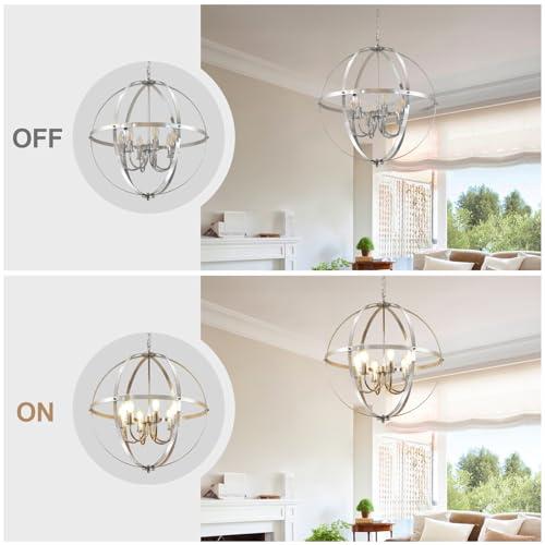 DLLT 6-Light Chrome Globe Pendant Light Fixtures, Industrial Sphere Pendant Lighting Over Island for Dining Room Foyer