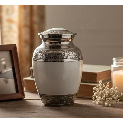 eSplanade Cremation Urn Memorial Container Jar Pot | Metal Burial Urns | Keepsake for Ashes | Brass - White - 6 Inches (Medium)