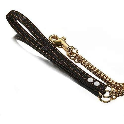 Strong Dog Chain Gold Leash Long 3FT 4FT 5FT 18K Stainless Steel 12mm Curb Cuban Link Dog Leash with Comfortable Genuine Leather Handle(Gold, 3FT)