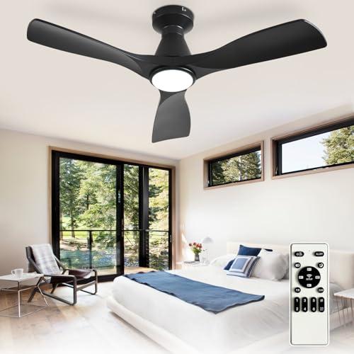 Depuley 42-Inch Ceiling Fans with Lights: Black 3 Blade Flush Mount Low Profile Ceiling Fan for Bedroom - Dimmable Indoor Outdoor Fan with Remote Control Ultra Quiet DC Motor Timer
