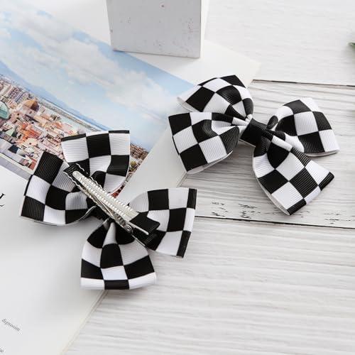 JiaDuo 4PC Racing Black and White Checkered Flag Hair Bow Clips for Girls
