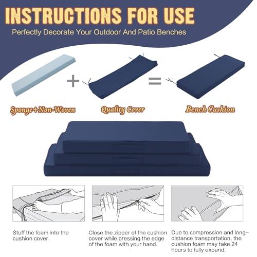 Outdoor Bench Cushion 4 inches Memory Foam Waterproof Patio Furniture Bench Cushion Porch Swing Cushion with Handle and Adjustable Strap, 60 x 18 Inch Navy