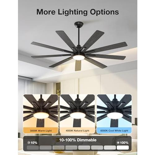 warmiplanet Ceiling Fans with Lights and Remote Control, 72-Inch, Reversible Silent DC Motor, 6 Speeds, 3 Color Dimmable LED Light, Timer, Black, 9-Blades
