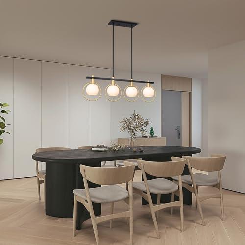 Color Gold Black Chandelier Modern Dining Room Light Fixture 4-Light Kitchen Island Lighting Hanging for Farmhouse Linear Chandeliers Mid Century Chandelier with Milk Glass Globe Shade