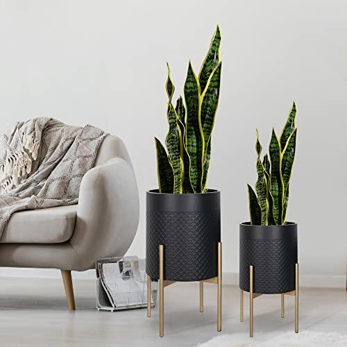 Oakrain Planters for Indoor Plants, Set of 2 Mid Century Modern Planter with Stand, Decorative Metal Planter Pots for Living Room, Office, Garden or Balcony, Black, 10&12