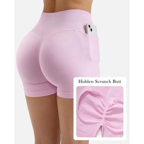 SUUKSESS Women XL Pink Hidden Scrunch Butt Lifting Workout Biker Shorts with Pockets 4 Seamless High Waisted Gym Shorts