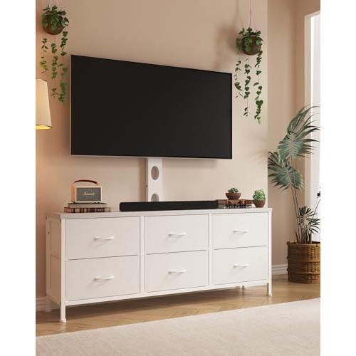 TV Stand with Mount, Fabric Dresser with 6 Drawers for 32/45/55/60/65/75 inch TVs, White Dresser Entertainment Center, Modern Media TV Console Table