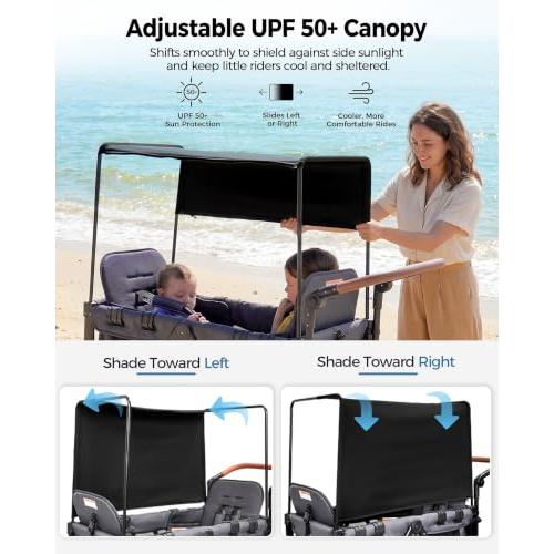 Stroller Wagon for 2 Kids, Foldable 2 Seater Wagon Stroller with Raised Seats, 5-Point Harnesses, Adjustable UPF 50  Canopy, Front Zip Door, All-Terrain Wheels, Insulated Snack Bag, Gray