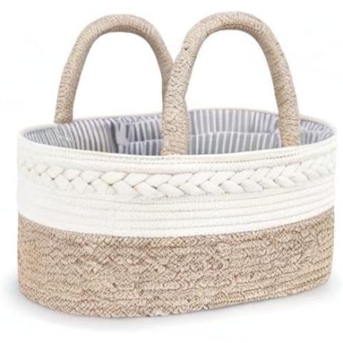 Maliton Baby Diaper Caddy Organizer, X-Large Cotton Rope, Rustic Style, Portable, 3 Compartments, A-Brown
