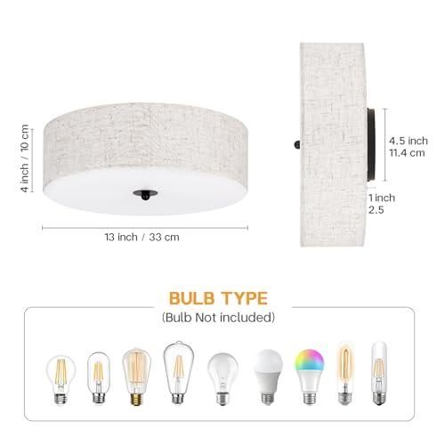 Flush Mount Ceiling Light Fixture, 13 Close to Ceiling Light with Beige Fabric Linen Drum Shade, 2-Light Modern Round Ceiling Light for Bedroom Hallway Dining Kitchen