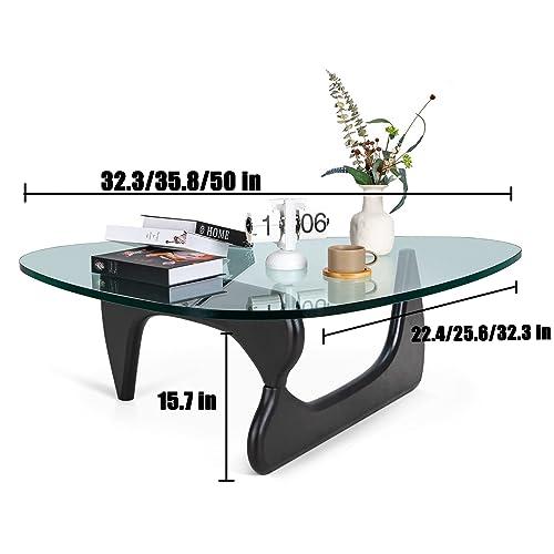 Triangle Coffee Table in Walnut Mid Century Modern Solid Wood Base and Triangle Clear Glass Coffee Table for Living Room Low Minimalist Tea Table Coffee Tables (36 * 25.6 * 16, Black Transparent)