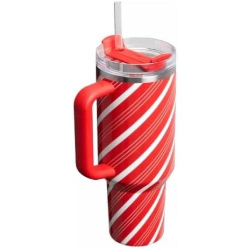 STANLEY 40 oz Stainless Steel H2.0 FlowState Quencher Tumbler, Candy Cane Stripe Pattern, Red and White, with Handle and Lid
