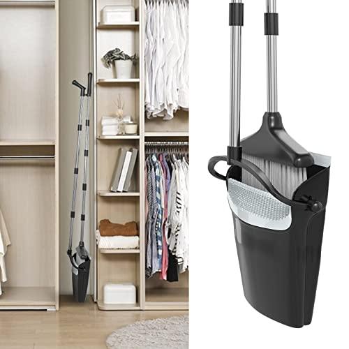 Broom with Dustpan Combo Set 54” Long Handle Household Dust Pan for Home Office Kitchen Cleaning （Black & Grey）