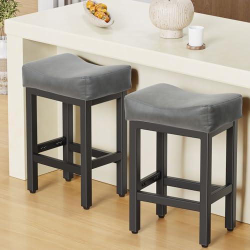 BLACK AND GREY Counter Height Bar Stools Set of 2, 24 Inch Barstools for Kitchen Island Counter, Bonded Leather Kitchen Stools with Thick Saddle Seats & Heavy Duty Metal Base, Easy Assembly, Gray/Black