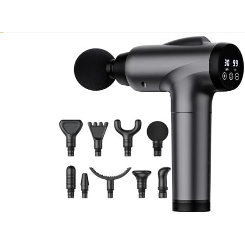 Percussion Massage Gun, 30 Speed Levels, 9 Attachments, Deep Tissue Muscle Massager, Grey